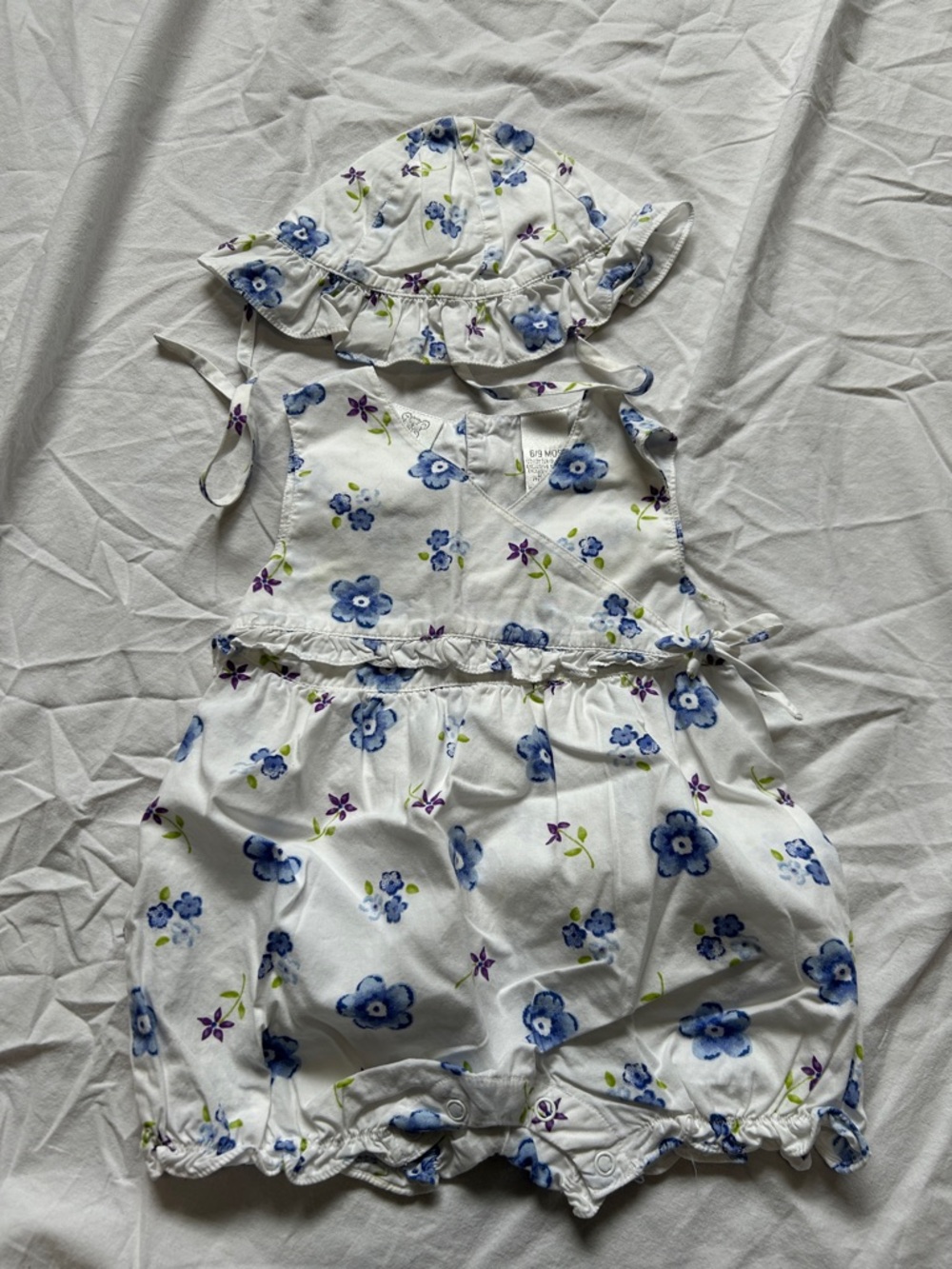 Infant 6-9 Months White Floral Romper Matching Sun Hat - Blue & Purple Flowers